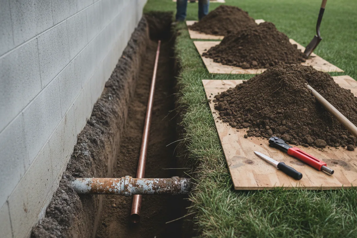 Excavated water line trench during Water Heater Repair in Potsdam